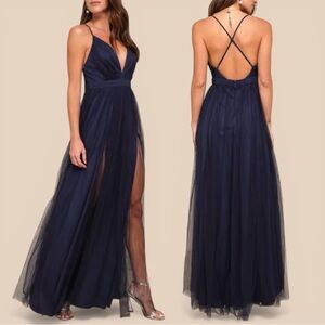 NWOT Lulus Navy Blue Rare Beauty Tulle Crisscross Back Maxi Gown Dress